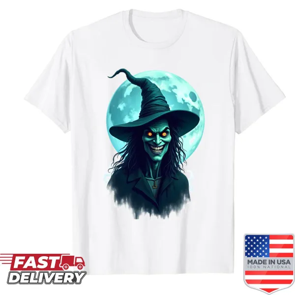 Illustration of a funny wizard with a full moon background on a T-shirt.