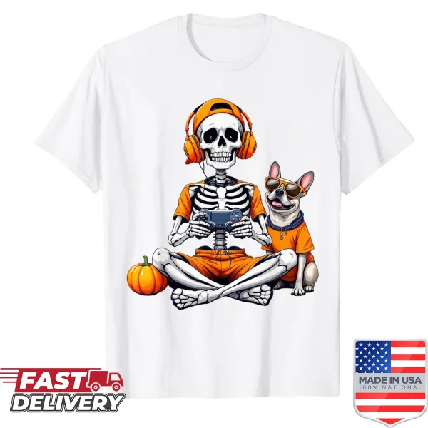 Skeleton gamer graphic with a game controller on Halloween themed shirt