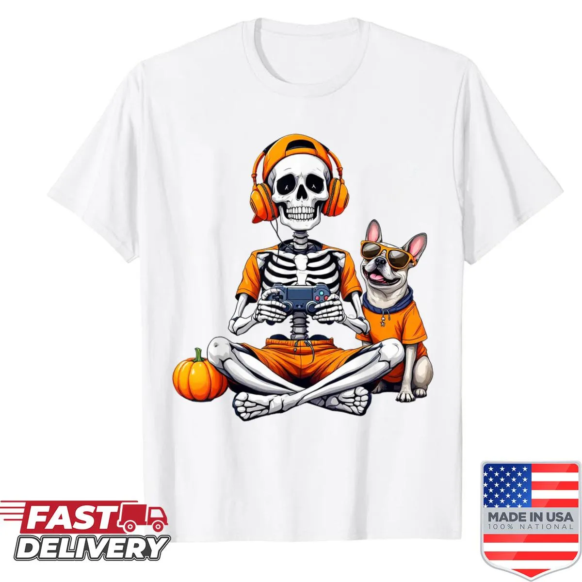 Skeleton gamer graphic with a game controller on Halloween themed shirt