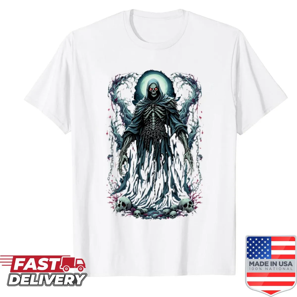 Gothic skeleton king graphic with chains for Halloween shirt