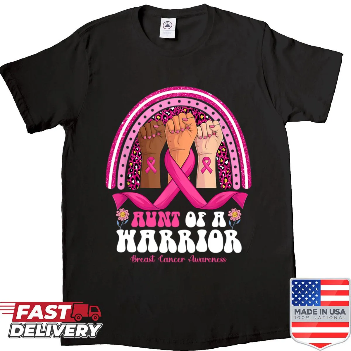 Shirt with 'Aunt Of A Warrior' and a breast cancer awareness ribbon