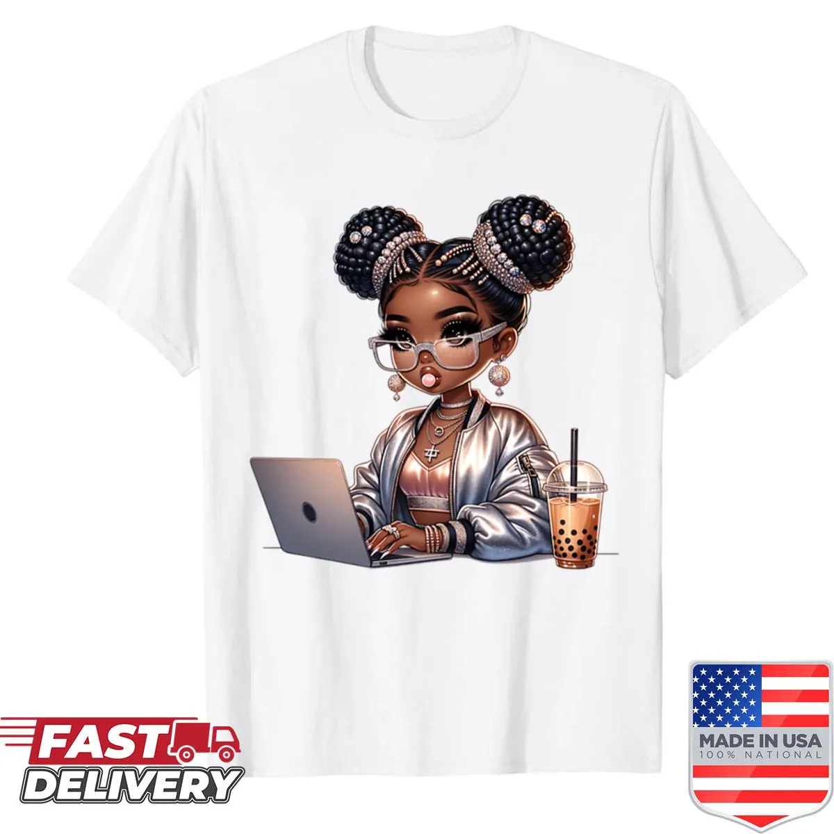 Cartoon shirt featuring a happy Black girl with puffs