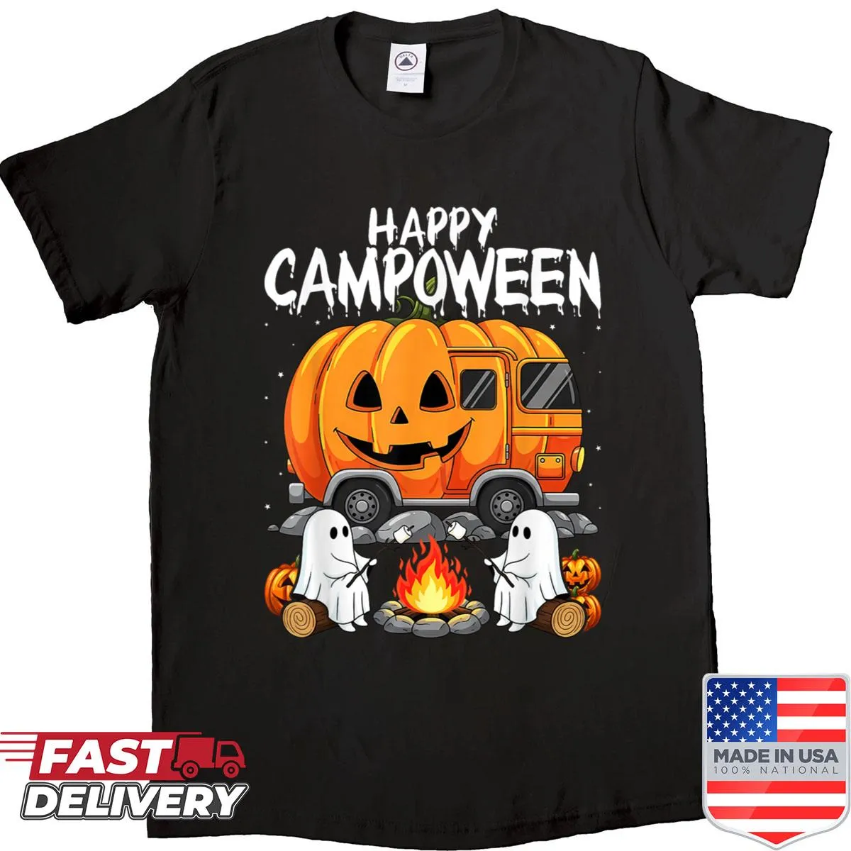 Playful camping-themed Halloween T-shirt with ghosts and campfires
