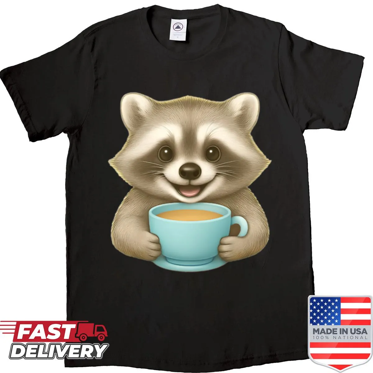 Cute raccoon graphic with a coffee cup on an oversized shirt.