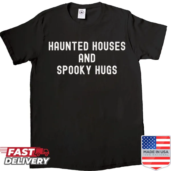 Illustrated haunted houses and spooky elements on a Halloween T-shirt
