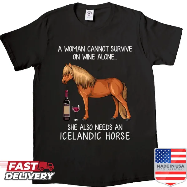 Funny shirt featuring an illustration of an Icelandic horse and a wine glass