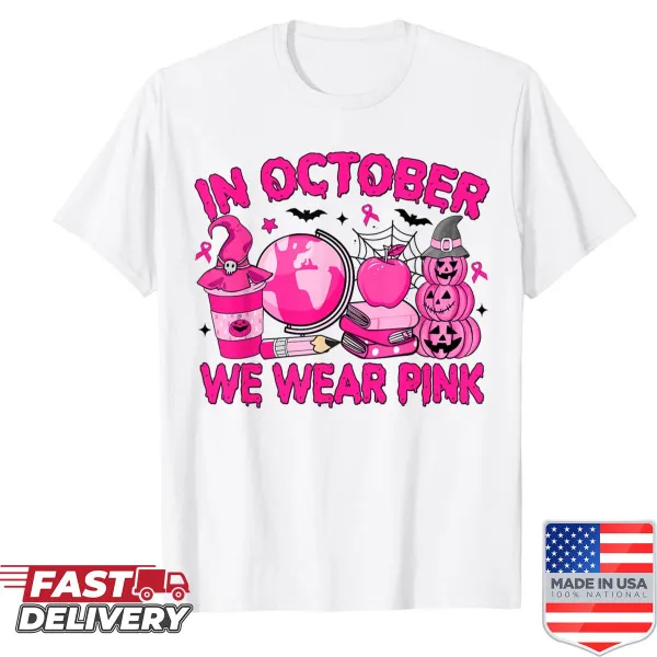 Teacher shirt promoting breast cancer awareness in October