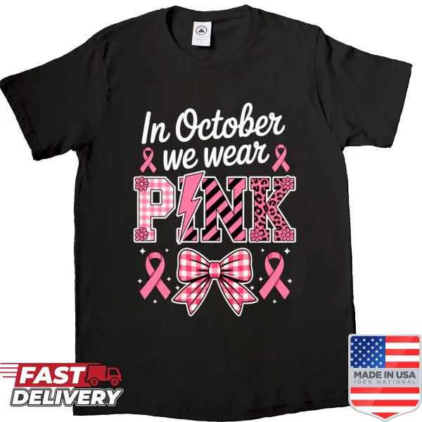 Halloween-themed shirt with a pink bow design for breast cancer awareness
