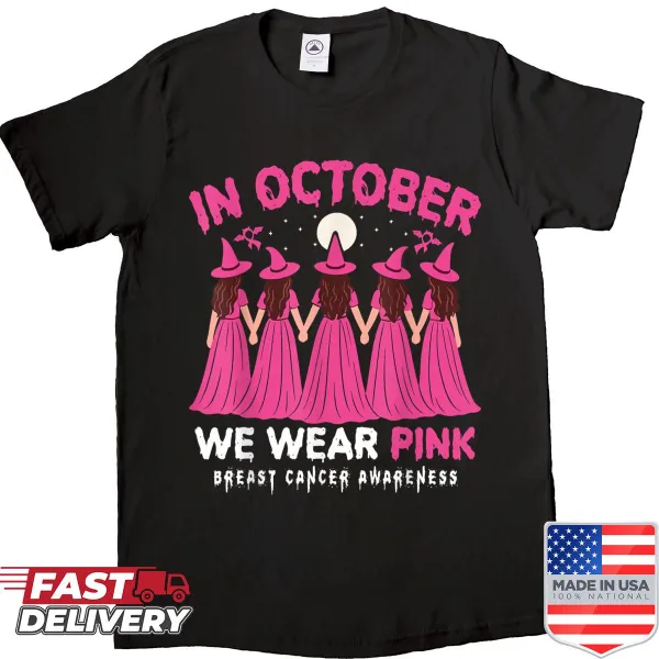 Pink awareness Halloween shirt with witch design.