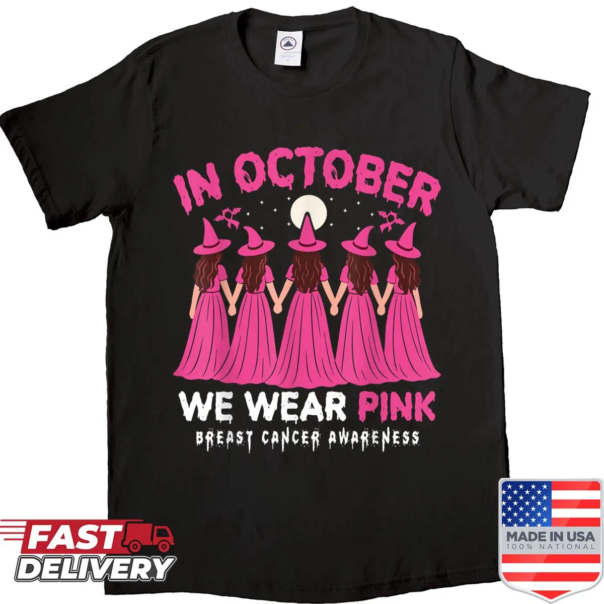 Pink awareness Halloween shirt with witch design.