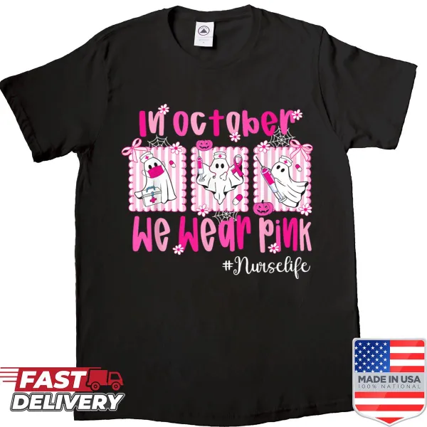 Nurse life Halloween shirt promoting breast cancer awareness.