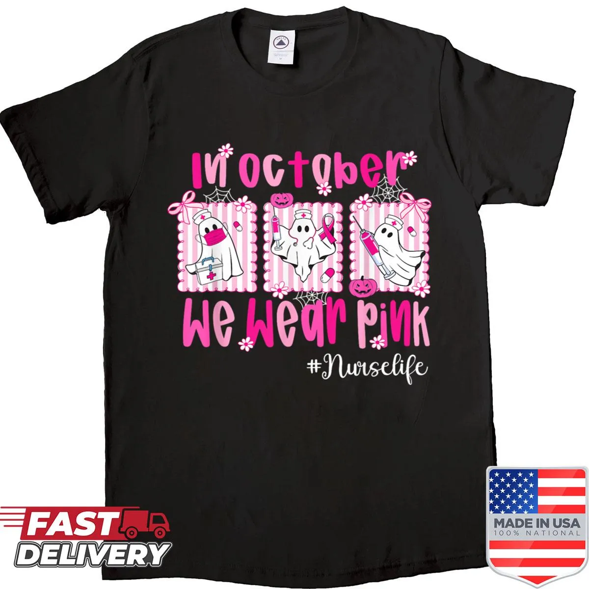 Nurse life Halloween shirt promoting breast cancer awareness.