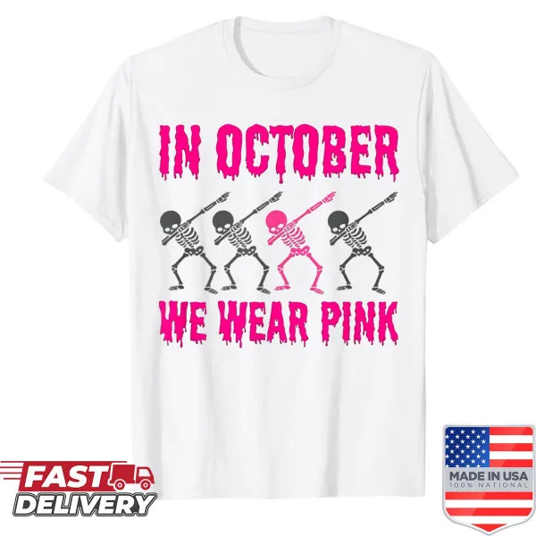 Dabbing skeleton and pink ribbon graphic for breast cancer awareness