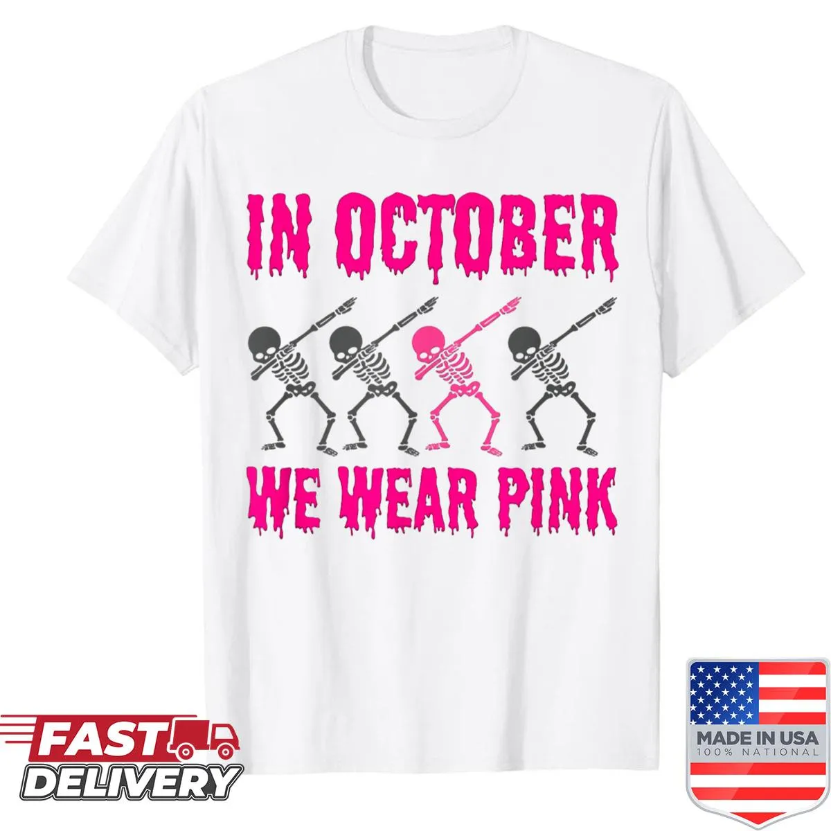 Dabbing skeleton and pink ribbon graphic for breast cancer awareness