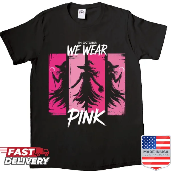 Shirt displaying 'In October We Wear Pink' for Halloween and awareness