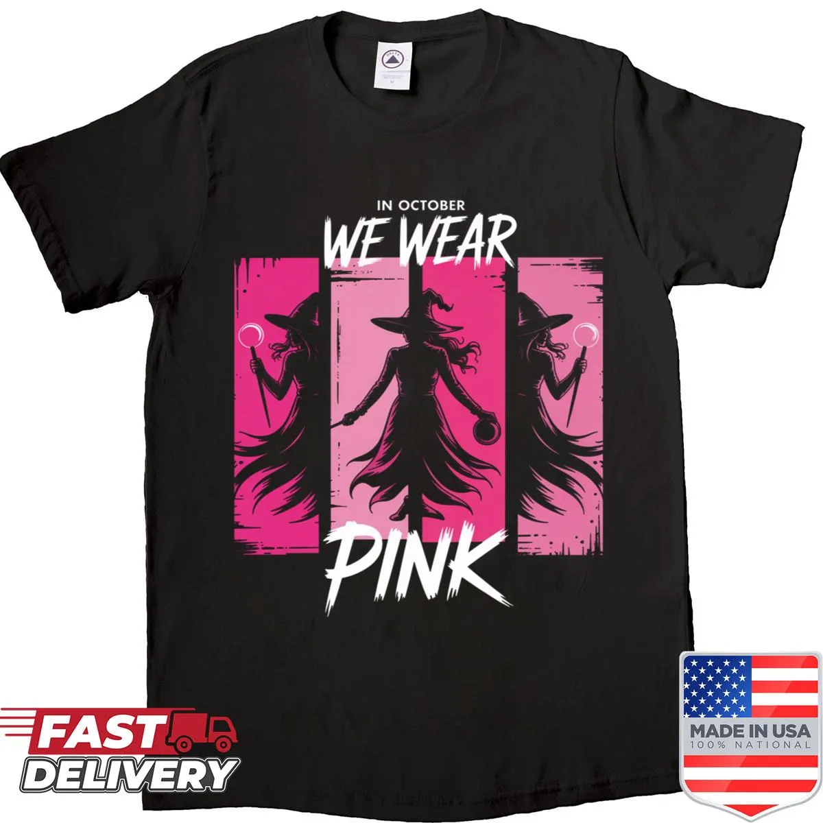 Shirt displaying 'In October We Wear Pink' for Halloween and awareness