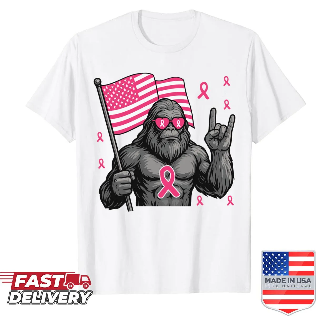 Bigfoot and pink ribbon design shirt for breast cancer awareness.