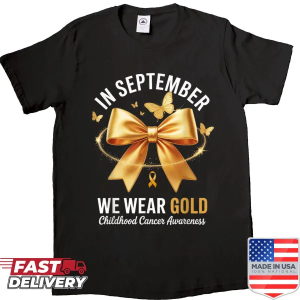 Gold bow graphic shirt for childhood cancer awareness