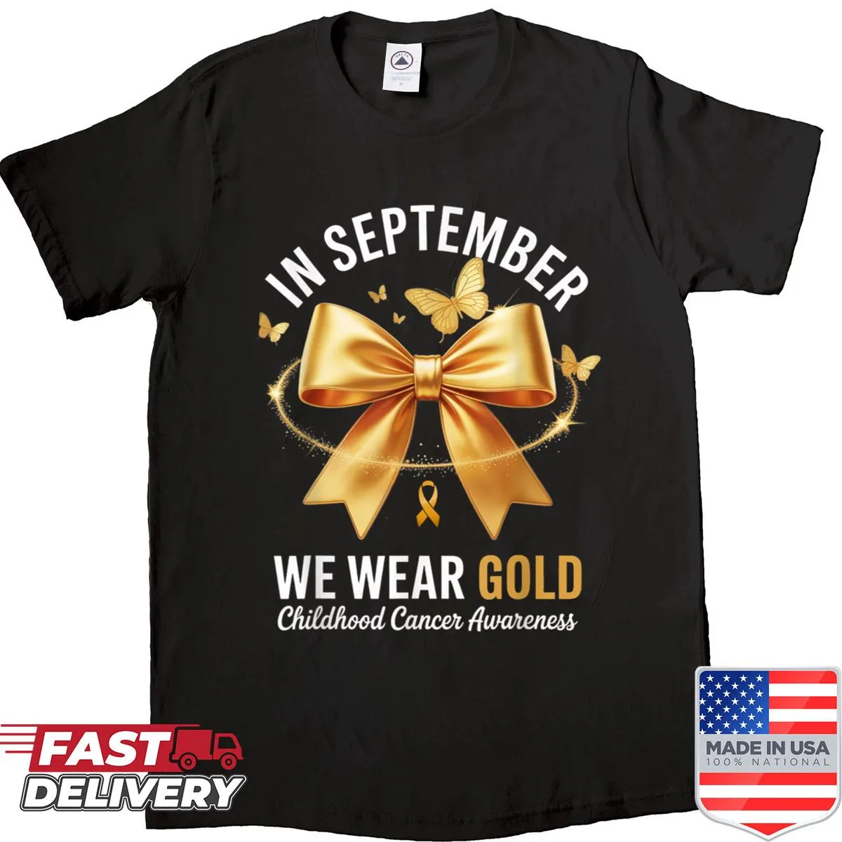 Gold bow graphic shirt for childhood cancer awareness