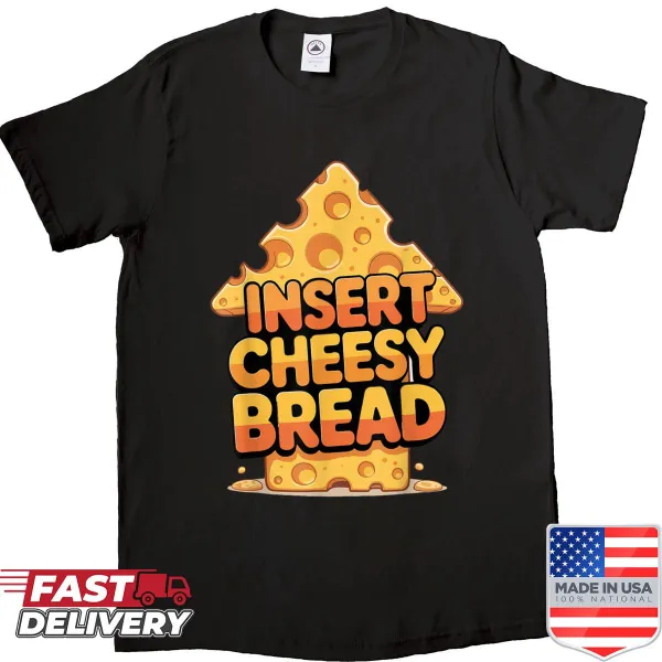 Illustrated shirt with a pointing arrow and cheesy bread graphic