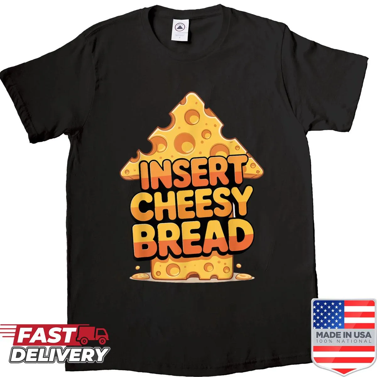 Illustrated shirt with a pointing arrow and cheesy bread graphic