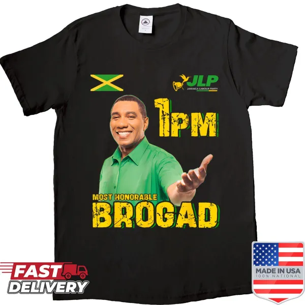 Jamaica Labour Party shirt with 'Jlp 1pm Brogad' printed on it.
