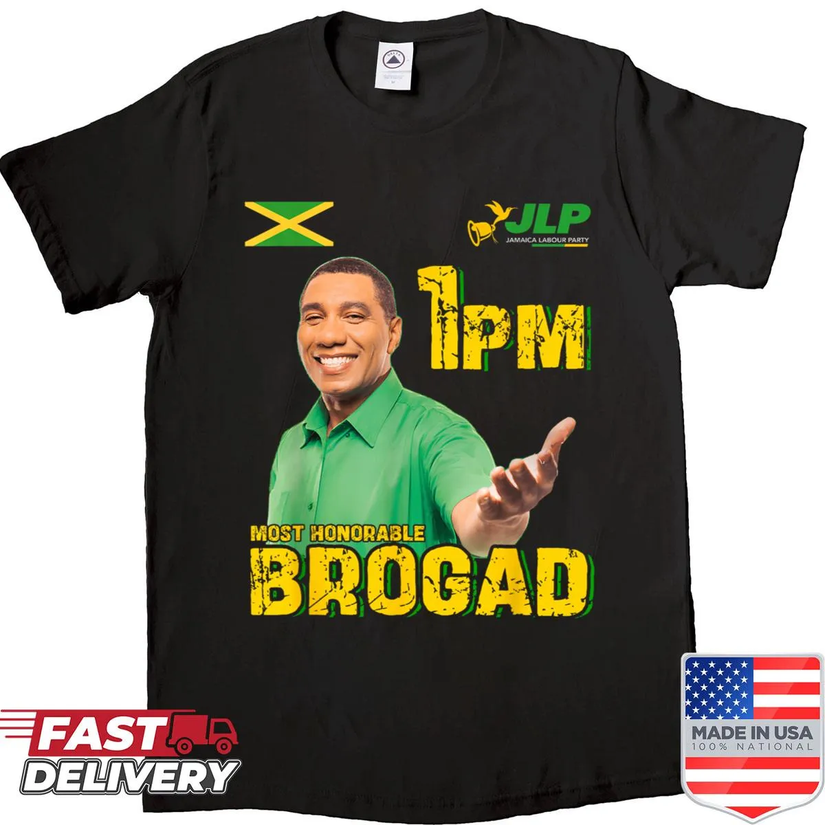 Jamaica Labour Party shirt with 'Jlp 1pm Brogad' printed on it.