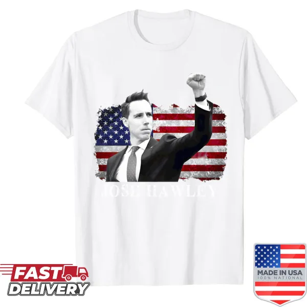 Patriotic fist pump graphic over USA flag on T-shirt