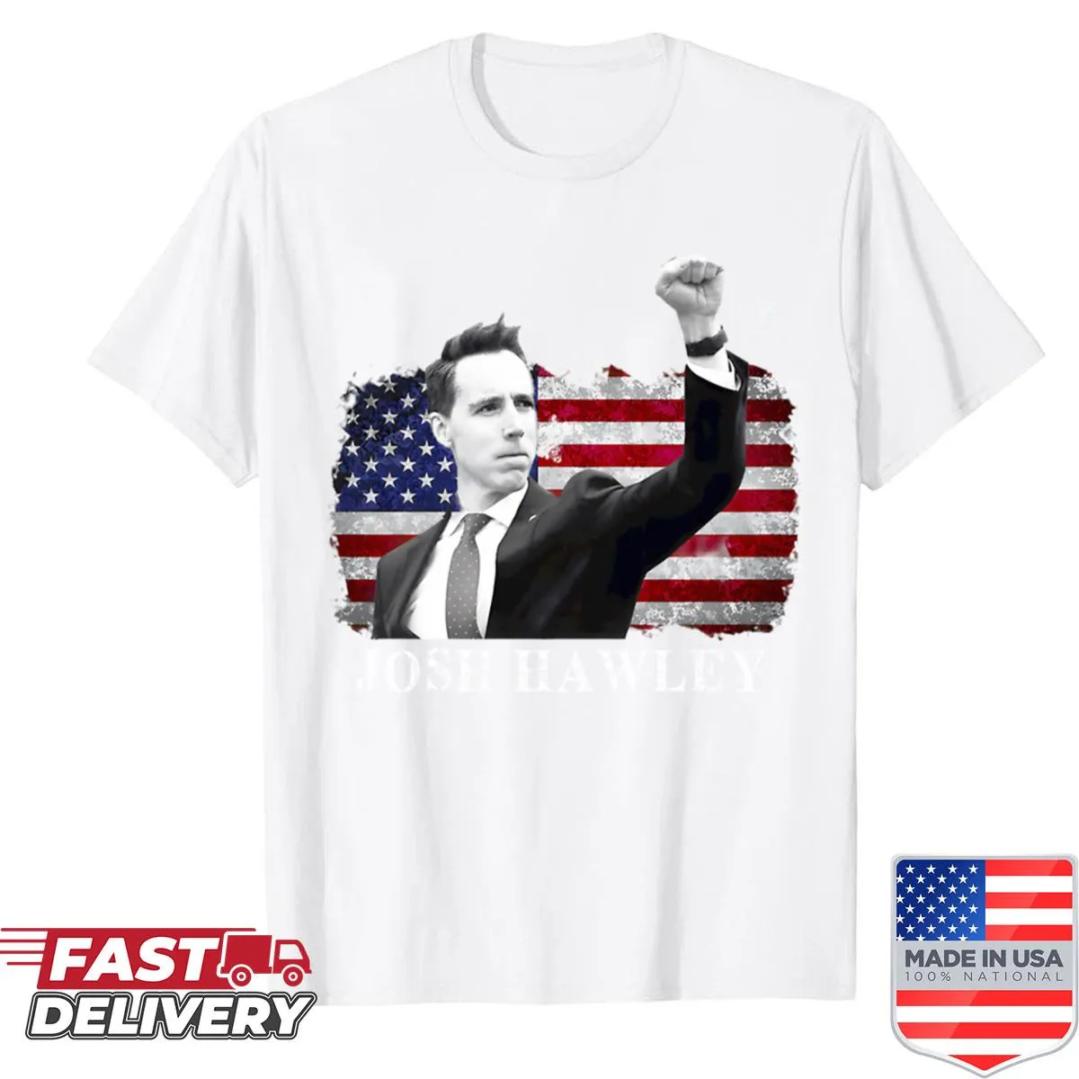 Patriotic fist pump graphic over USA flag on T-shirt
