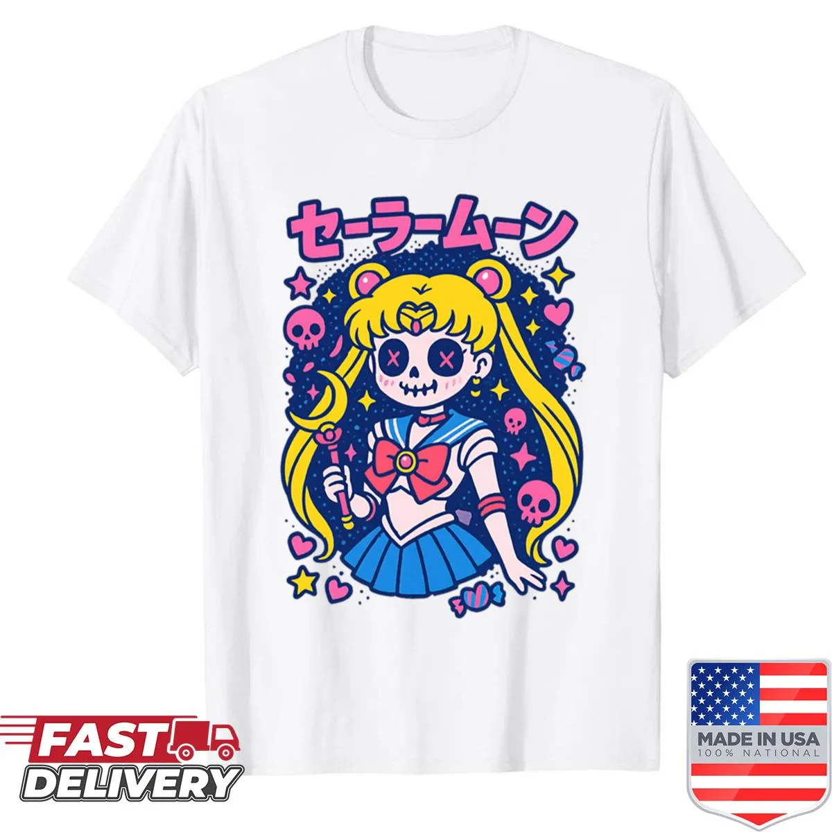 Cute cartoon design inspired by Sailor Moon on a shirt