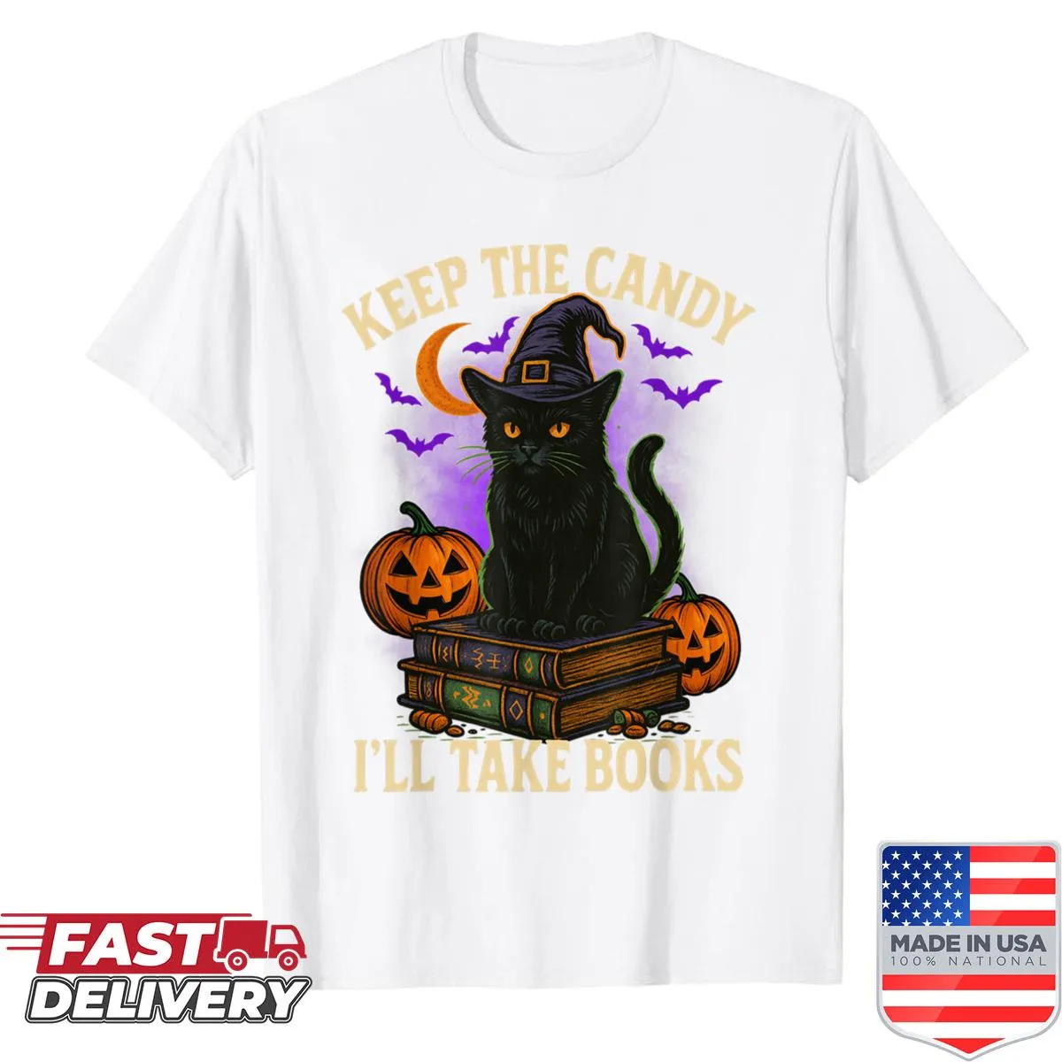 Halloween shirt for book lovers with a black cat design