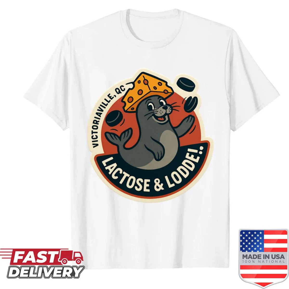 Cartoon seal with cheese promoting hockey graphic