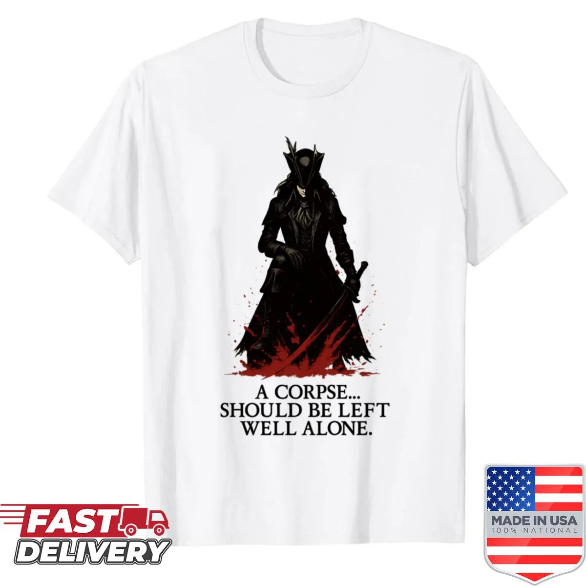 Illustrative shirt with ghostly theme and text