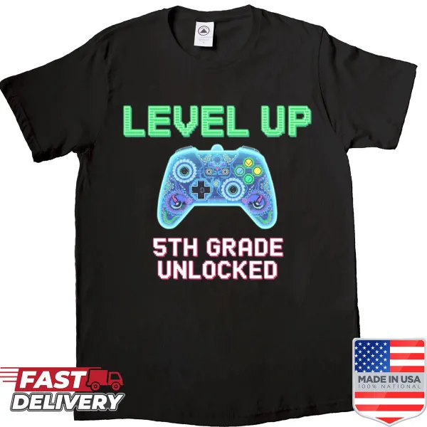 Gamer-themed shirt with 'Level Up 5th Grade Unlocked' text