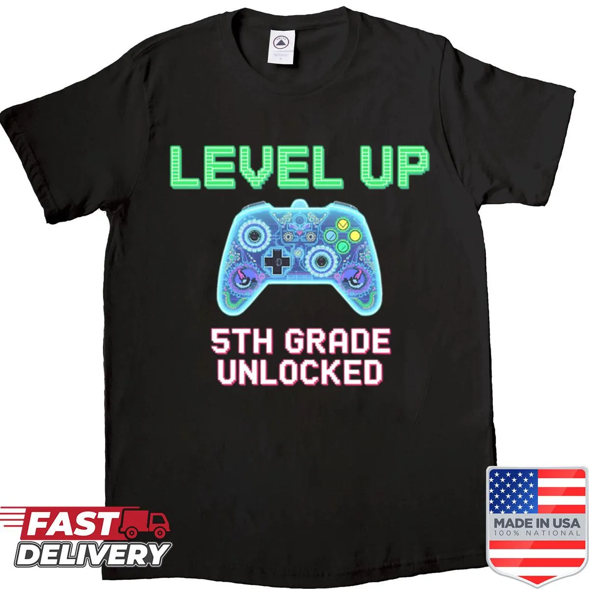 Gamer-themed shirt with 'Level Up 5th Grade Unlocked' text