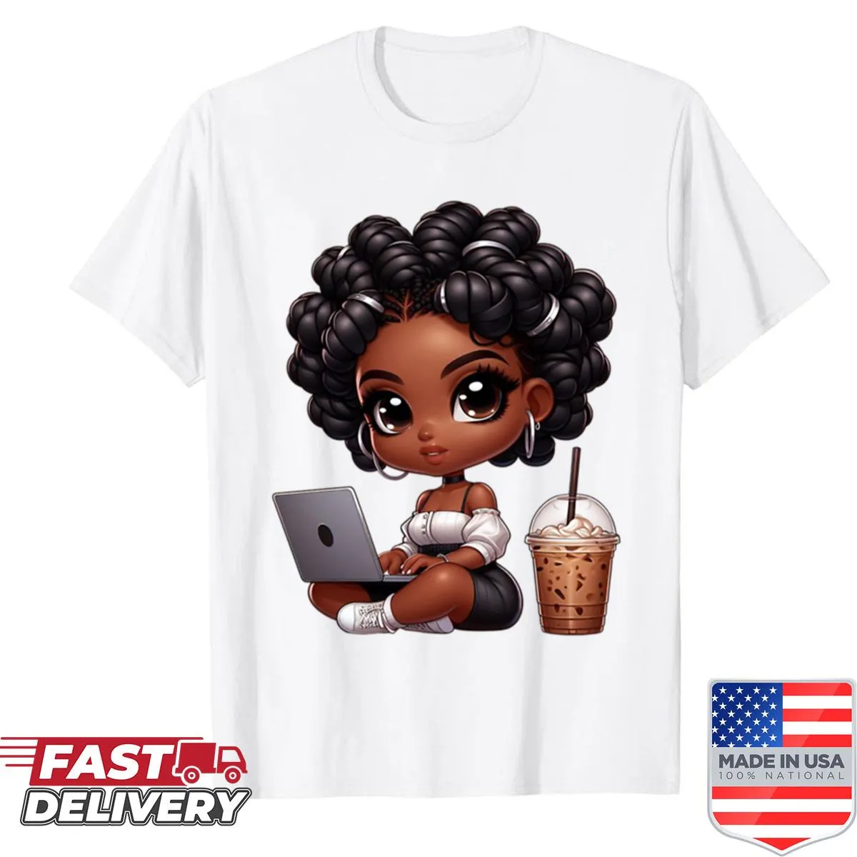 Cute T-shirt featuring an illustration of a dark-skinned girl with a ponytail