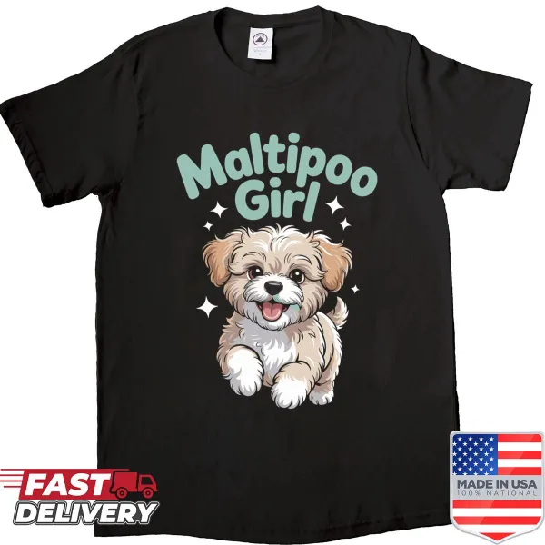 Cute cartoon Maltipoo character on a women's shirt