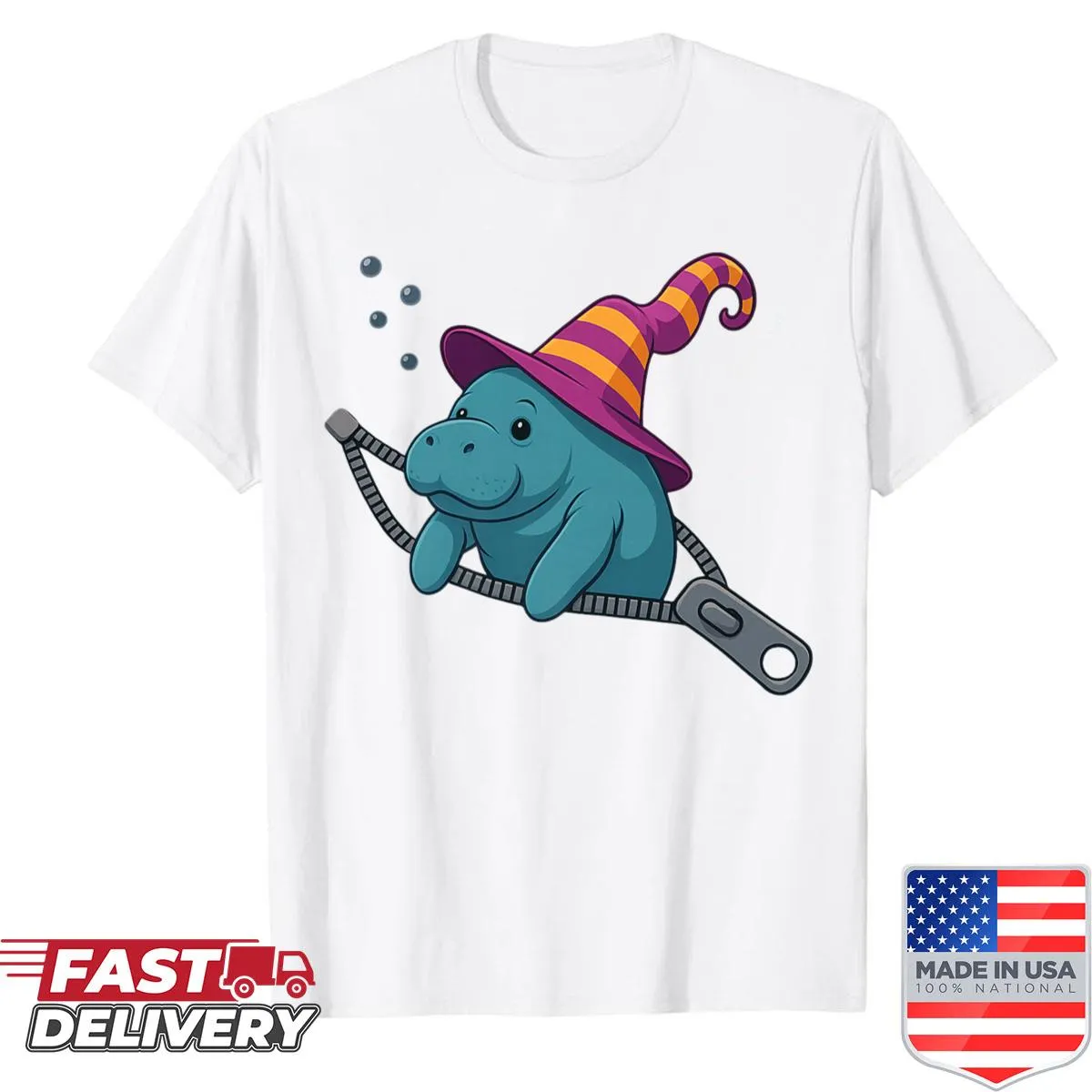 Whimsical manatee graphic emerging from a zipper on T-shirt