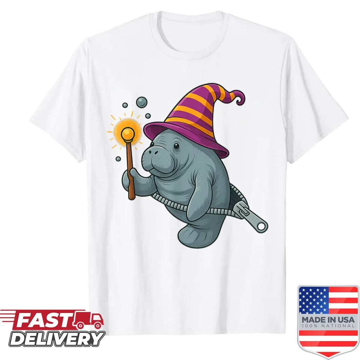 Halloween-themed shirt with a manatee emerging from a zipper illustration.