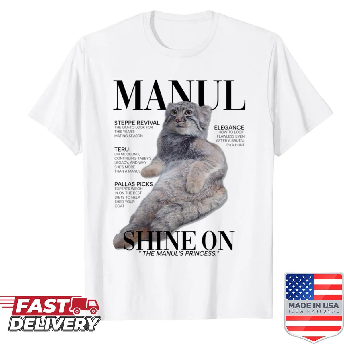 Cute shirt featuring an illustration of a fluffy Manul cat