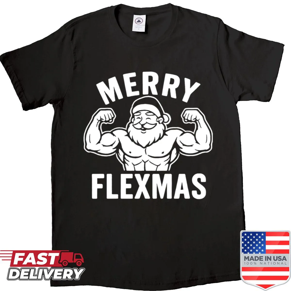 Cartoon Santa lifting weights with a Merry Flexmas message