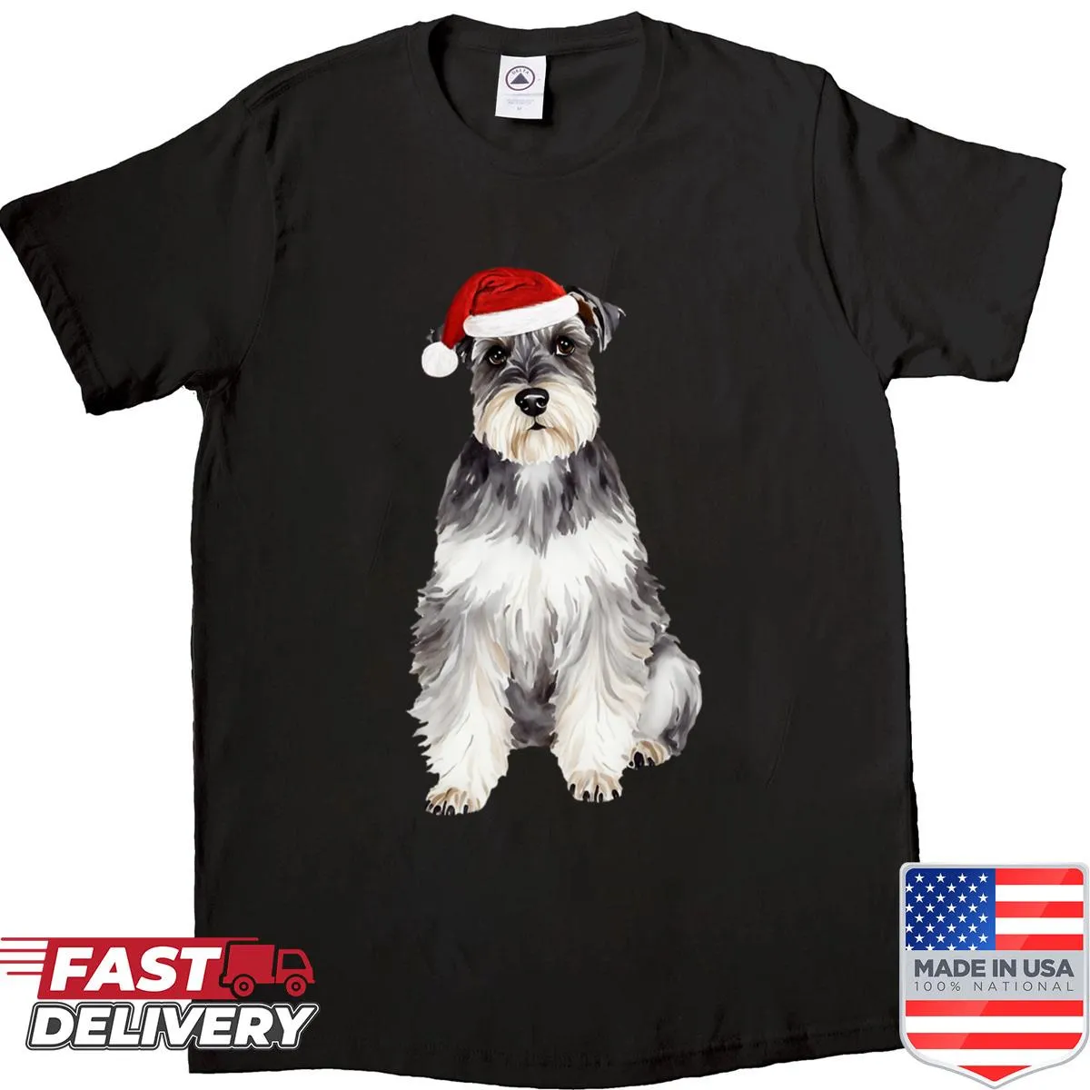 Watercolor Schnauzer surrounded by Christmas decorations on a shirt