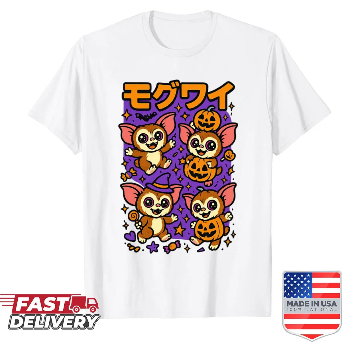 Playful Mogwai illustration for spooky season on a t-shirt