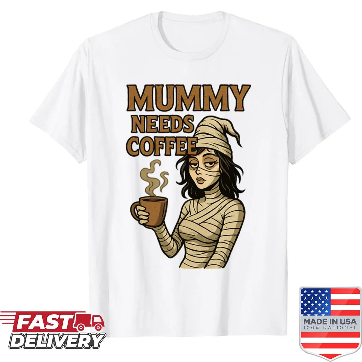 Funny Halloween shirt with a cartoon mummy needing coffee