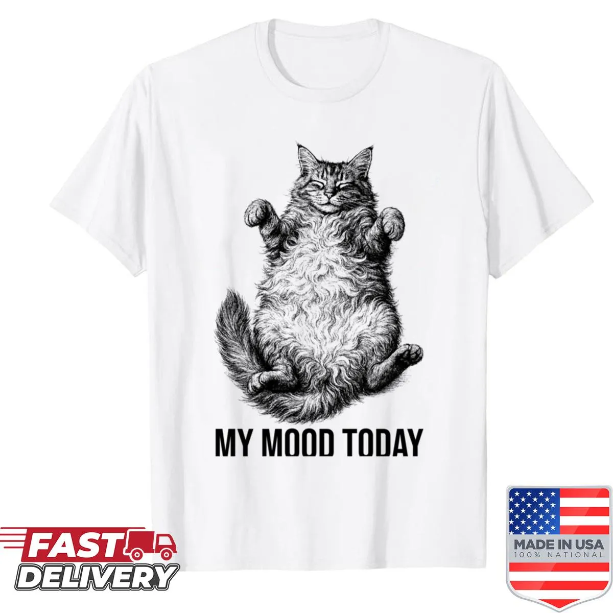 Cute shirt with a lazy cat design expressing a relaxed mood.