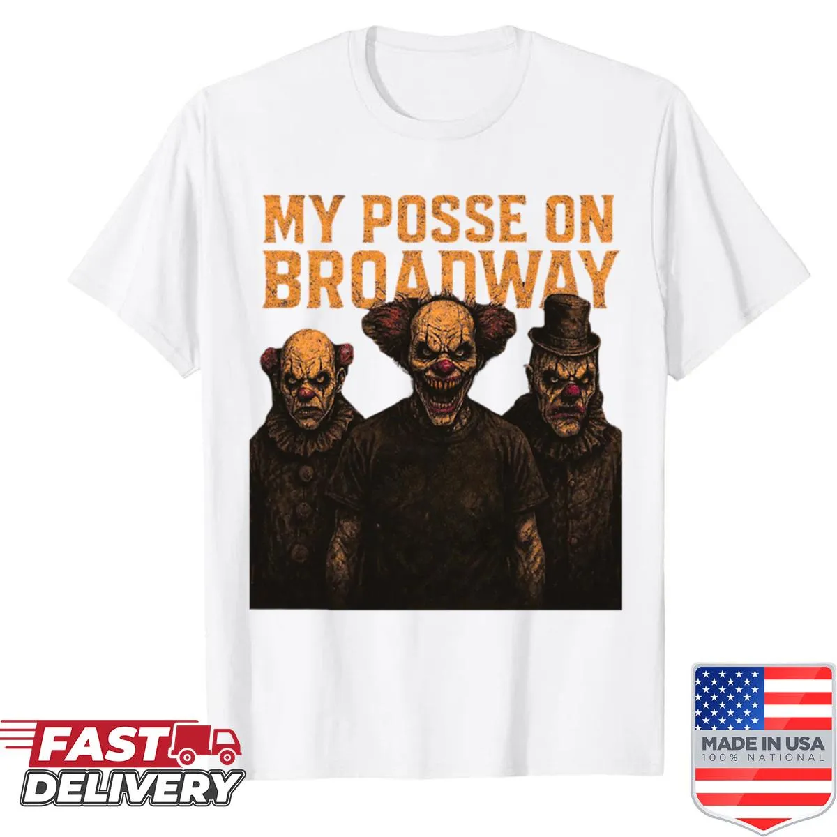 Halloween shirt featuring scary clowns in a Broadway theme