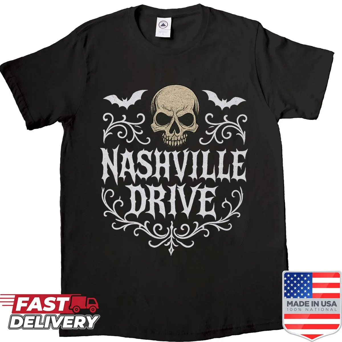 Nashville Drive T-shirt with a bold skull and bats design