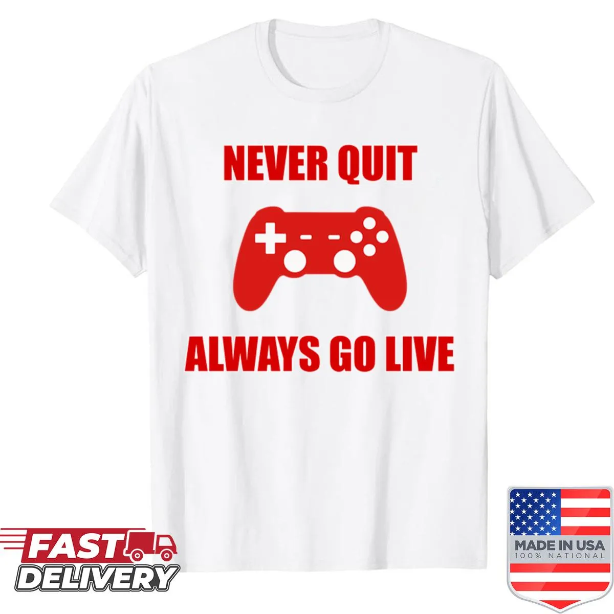 Motivational streamer shirt with bold typography urging perseverance