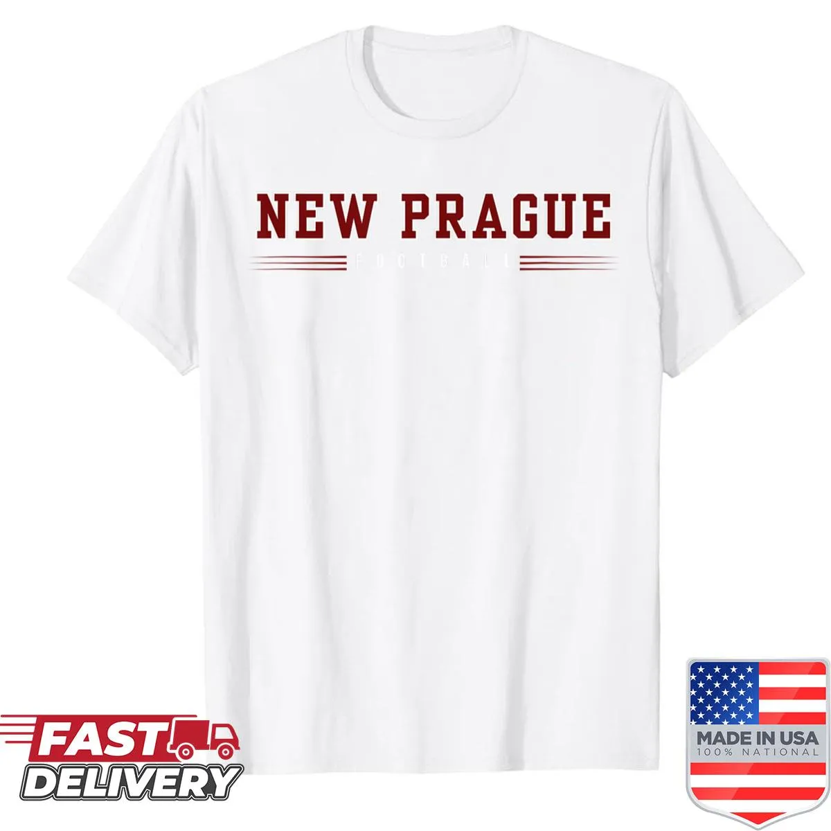 Shirt featuring 'New Prague Trojans Football' prominently displayed.
