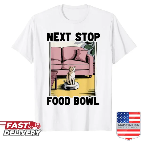 Funny cat shirt with illustration of a robot vacuum and food bowl